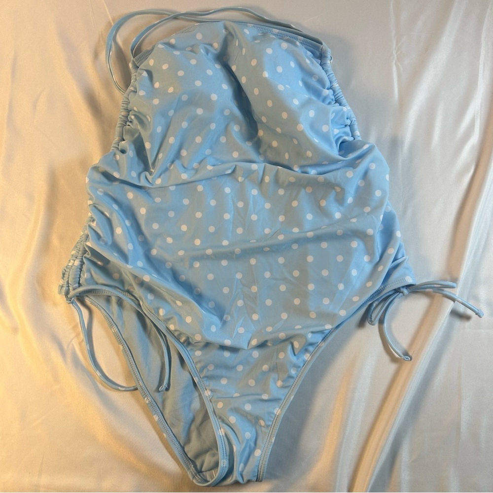 Wild Fable Swimsuit Light Blue White Polka Dot, Side-Cinched High Leg size Large